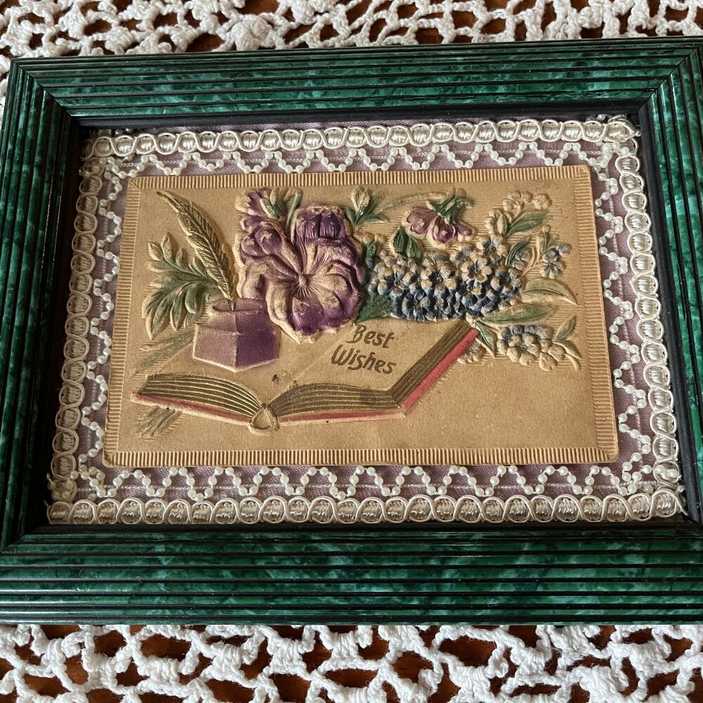 Antique Embossed Framed Post Card Best Wishes